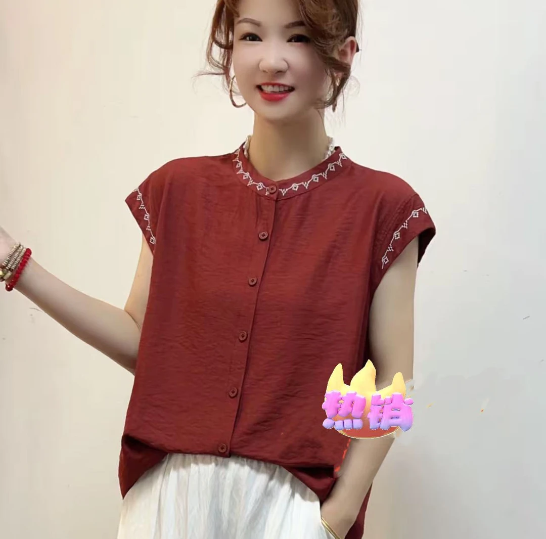 夏季新款洋气刺绣百搭显瘦减龄衬衫女气质优雅休闲纯色T恤短袖