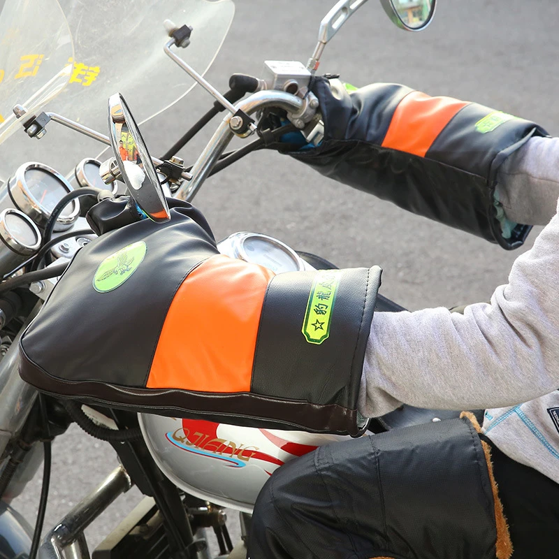 摩托车保暖手套拼色仿皮革绒毛防风防寒 冬季电动车手把套批发