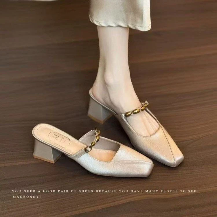 新款秋季无后跟方头穆勒鞋包头凉拖鞋女外穿粗跟半拖单鞋百搭潮流