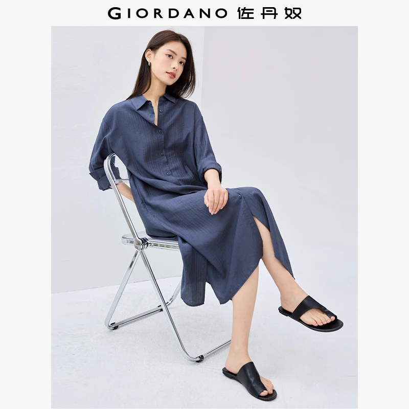 佐丹奴裙子女装开叉下摆时尚春秋气质长袖衬衫连衣裙 05465070