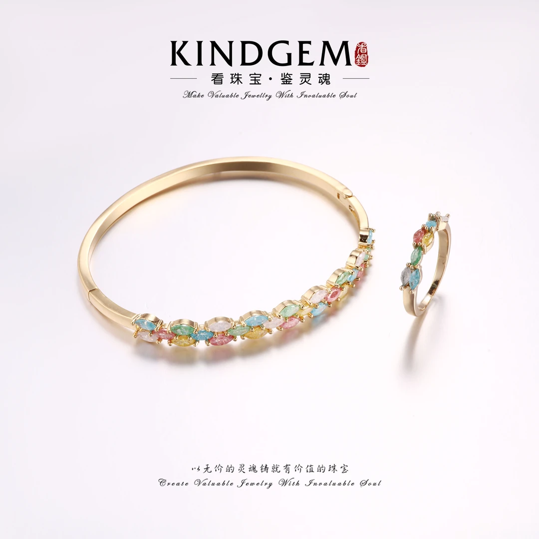 铜合金合成锆石手镯 金色轻奢镶嵌简约时尚手镯戒指套装 C-33522