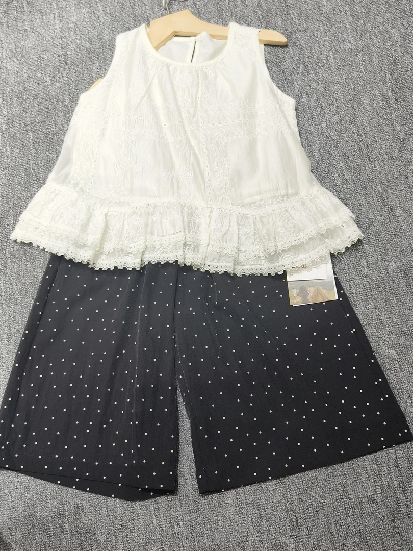 设计感气质蕾丝刺绣无袖背心上衣搭配花边长裤时尚套装