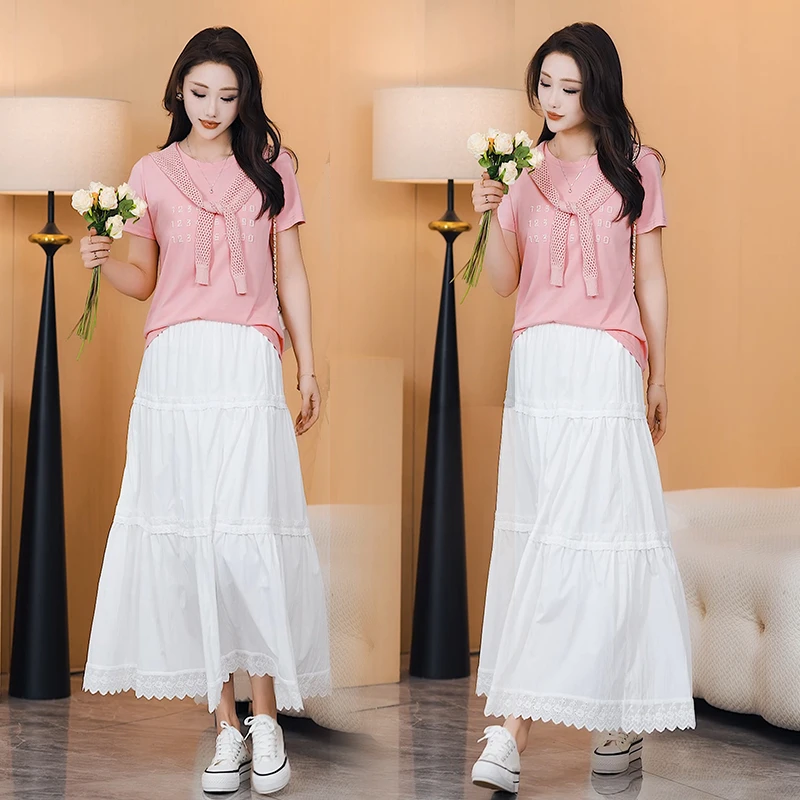 夏季纯棉珠绣重工T恤白色A字中长裙欧若风时尚蕾丝花边洋气衣服女