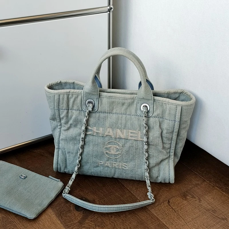95新 Chanel/香奈儿 Azul-23S浅蓝色牛仔手柄款小号单肩包/53568
