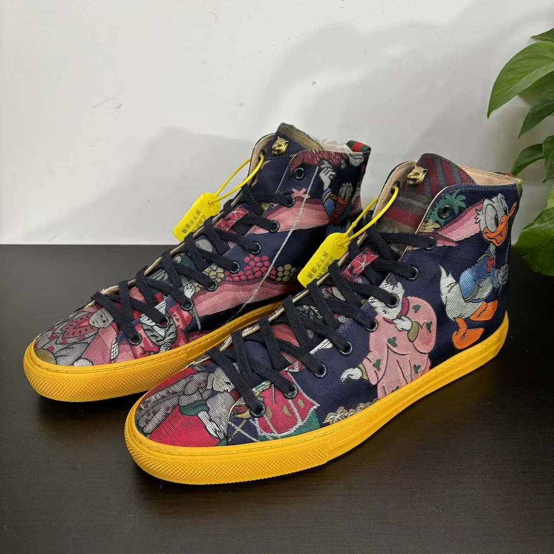 99新 GUCCI/古驰 42欧码花卉系列迪士尼联名高帮板鞋/百搭/时尚
