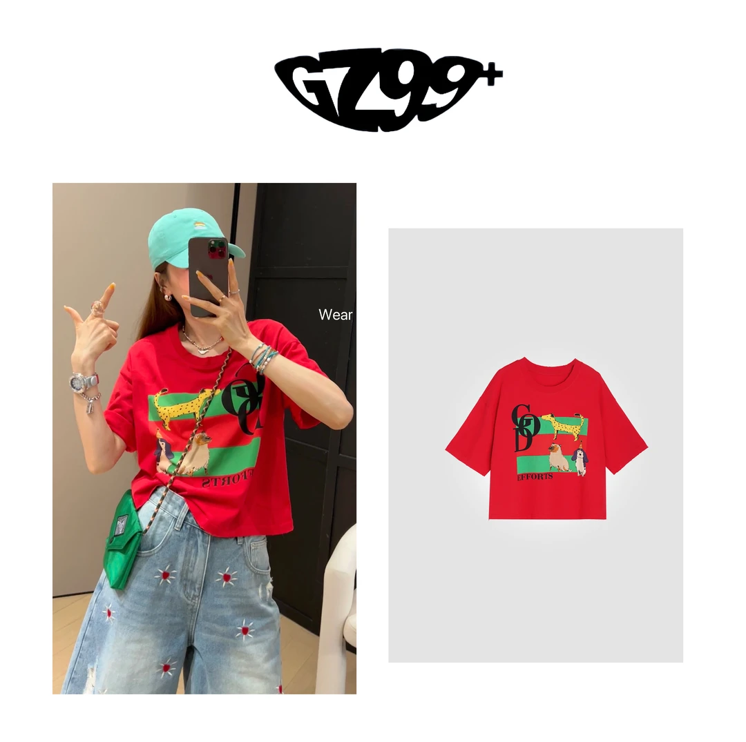 九儿【夏日复古】无感印花字母夏季百搭毛边磨破圆领短袖T恤-T6828