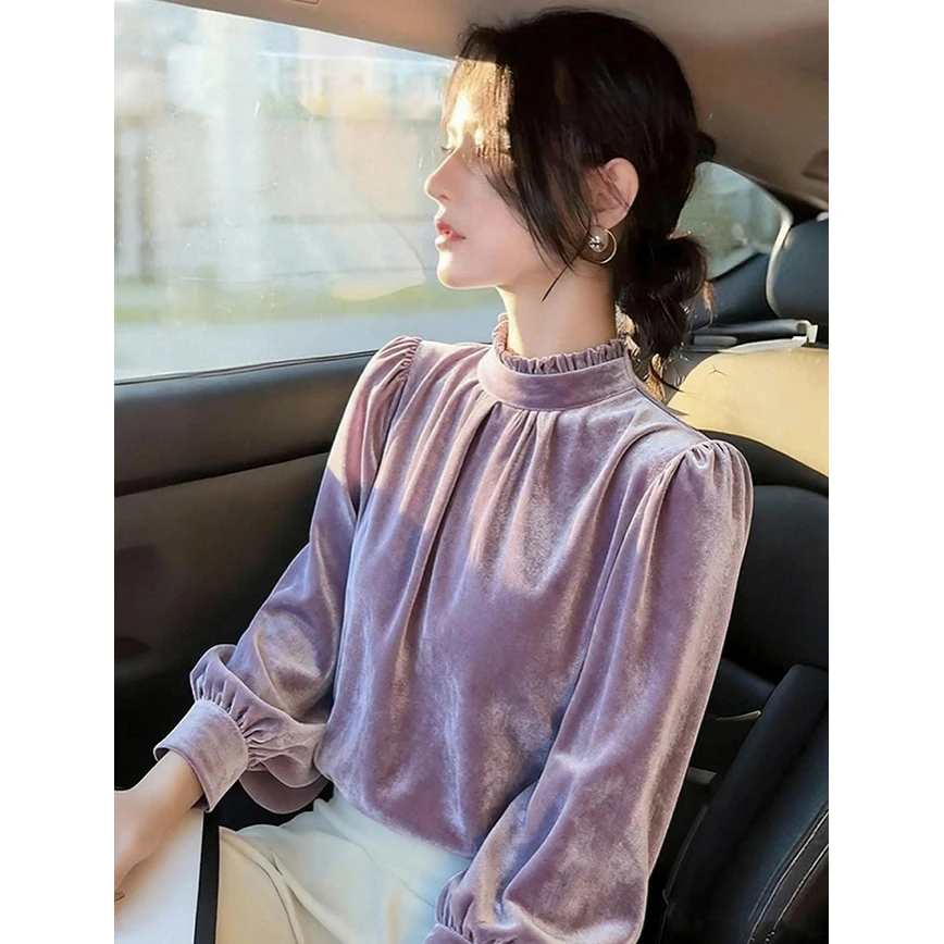 2025新款冬季法式高级感丝绒长袖衬衫女时髦立领气质上衣洋气内搭