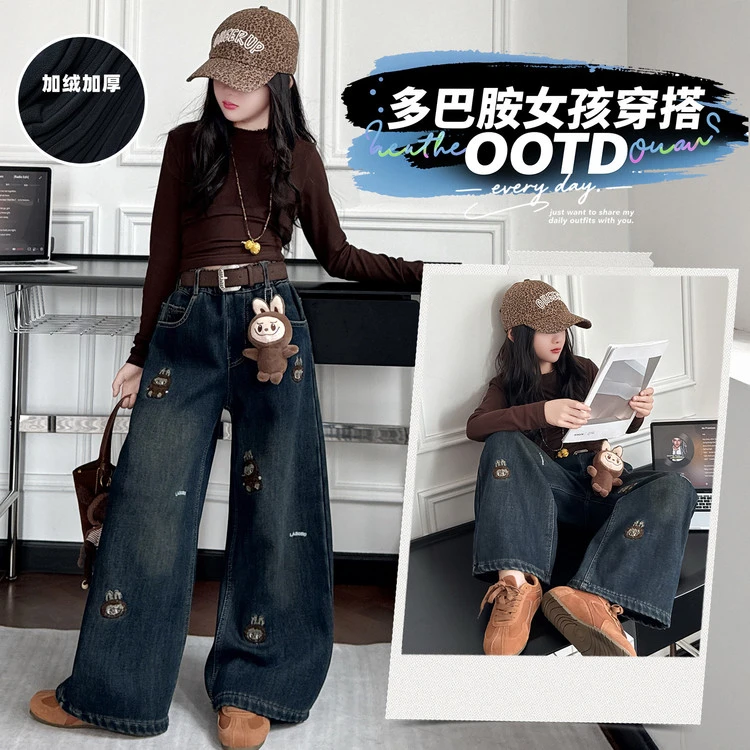 女童秋冬甜酷风炸街刺绣印花牛仔裤儿童女孩洋气拉布布阔腿裤子