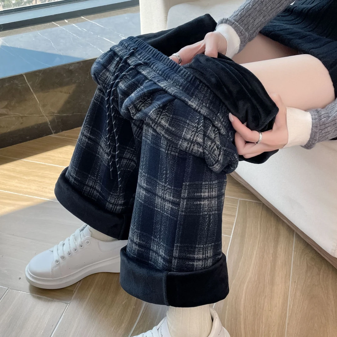 格子阔腿裤女秋冬季加绒加厚2025新款高腰休闲垂坠感小个子直筒裤