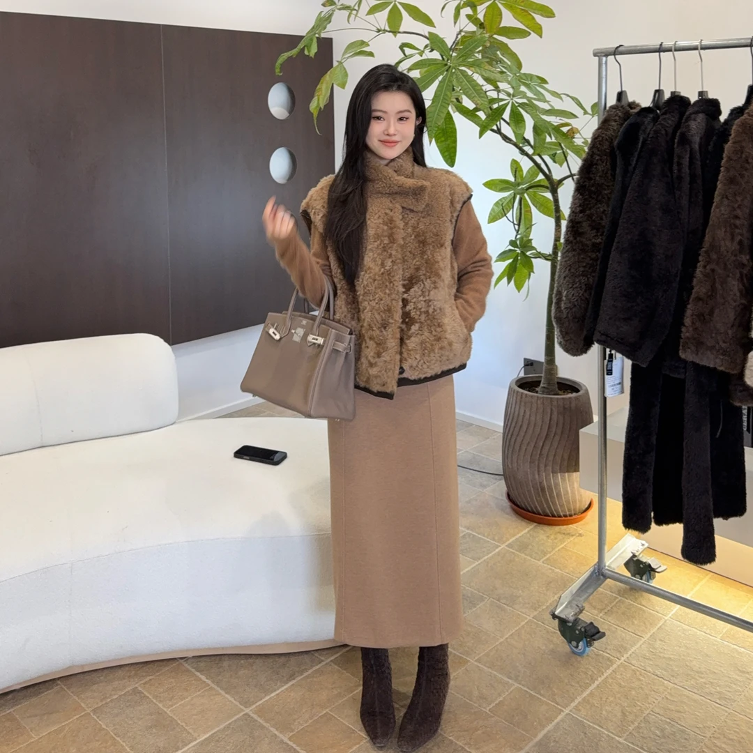 【郝洁】“摩登时代”复古优雅气质百搭显瘦后开叉蚕丝羊绒长半裙74