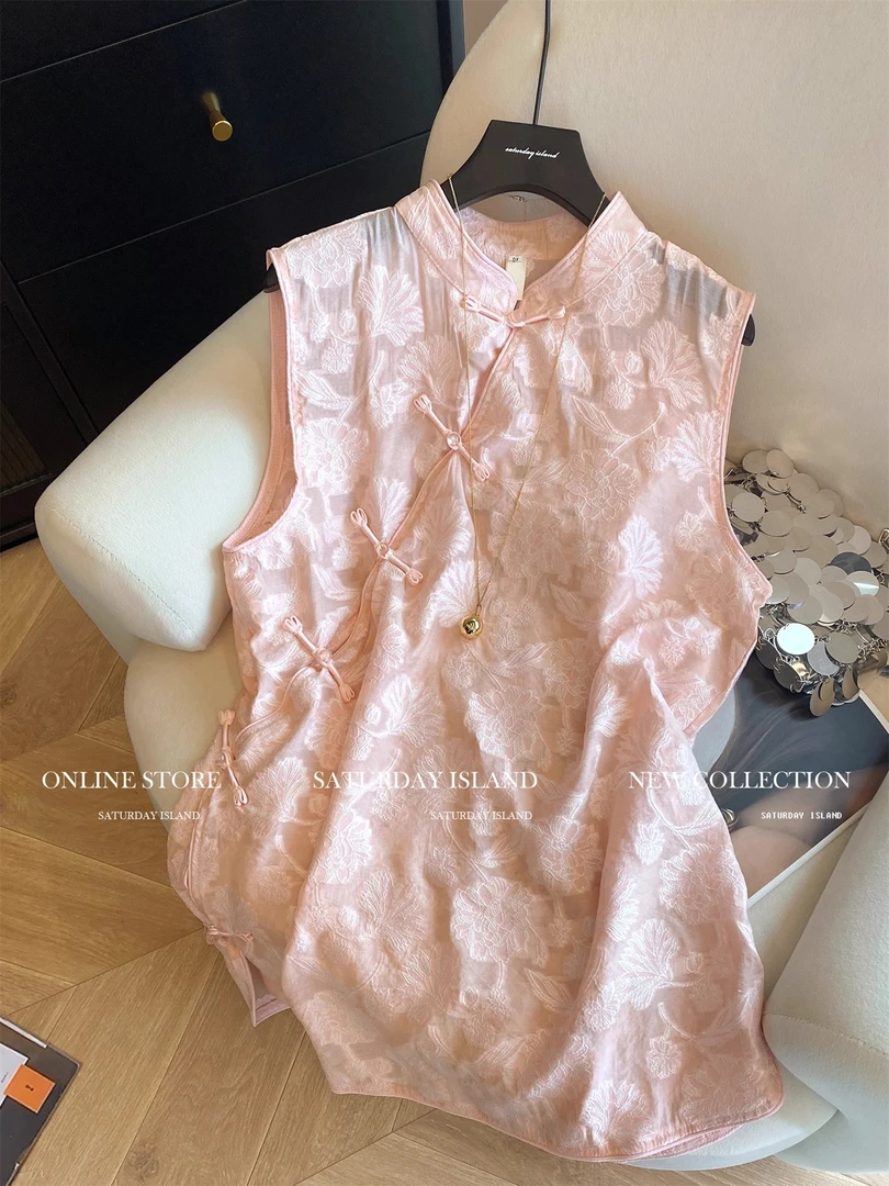 新中式国风提花刺绣无袖背心女2025夏新款设计感斜襟盘扣百搭上衣