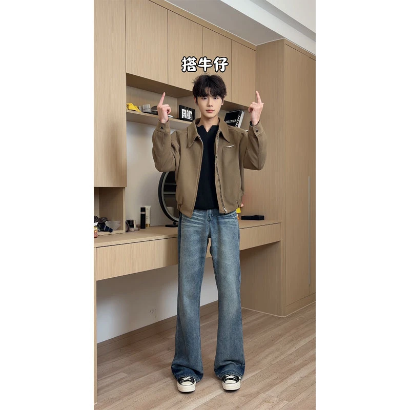 浅蓝色猫须纹立体牛仔裤男冬季美式复古vibe裤子高街微喇阔腿裤潮