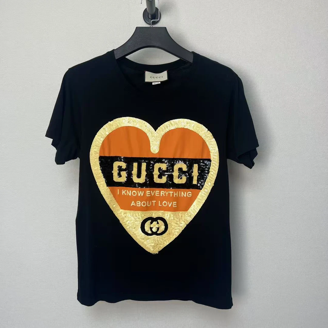 未使用 GUCCI/古驰 爱心亮片印花圆领短袖/L带吊牌