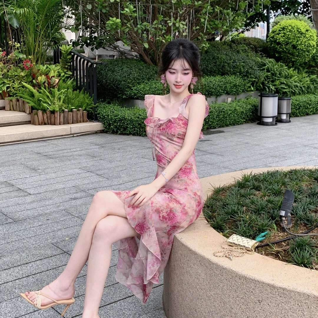 章蜜糖【蔷薇少女裙】 仙气显白嫩温柔不规则荷叶边斜裁连衣裙长裙