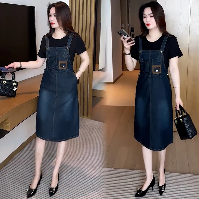 假两件牛仔连衣裙女2025夏季新款洋气收腰显瘦中长款休闲背带裙子