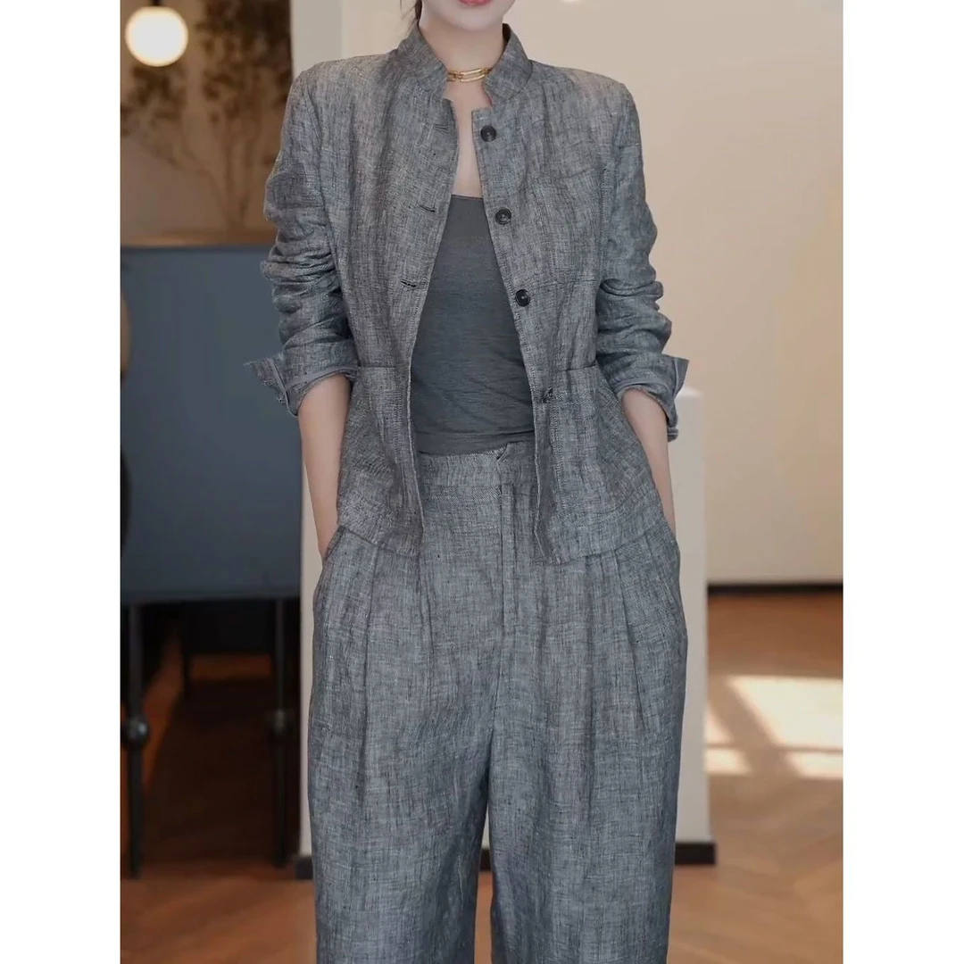 时尚休闲套装女2024秋季新款高档气质纯色长袖上衣+阔腿裤两件套