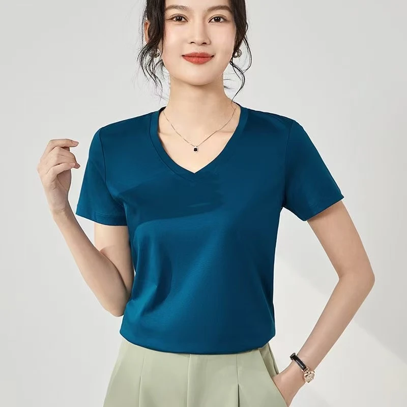 女士夏季新品80支双面丝光棉V领T恤百搭简约气质薄款