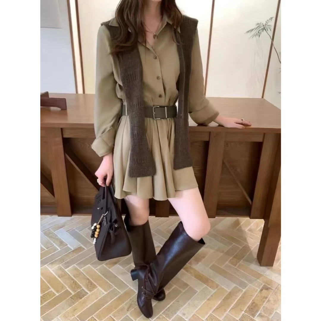 韩系秋季新款时尚设计感翻领长袖衬衫高腰裙摆连衣裙配披肩腰带