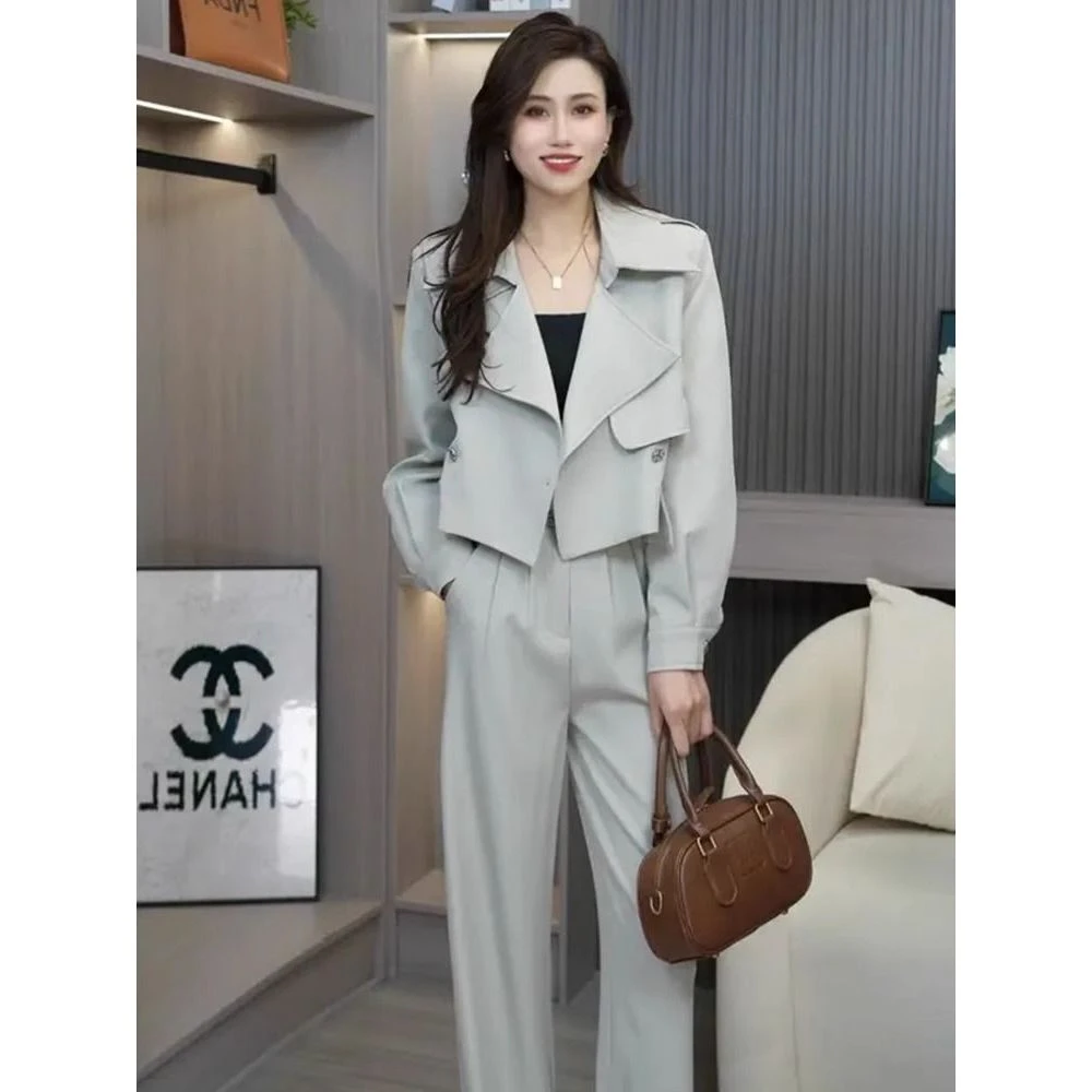 0330法式西装套装女2025春秋气质御姐短款风衣外套阔腿裤两件套