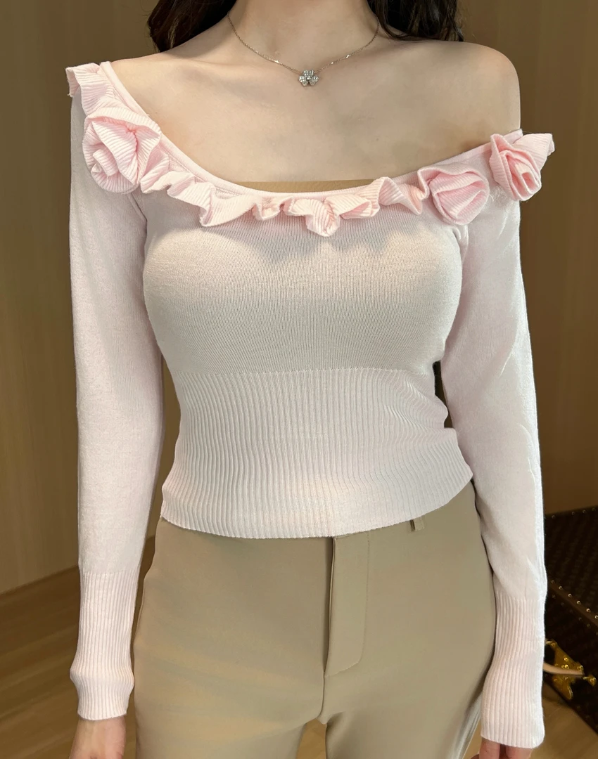 AmberSea花边针织一字肩修身上衣【no退no换】