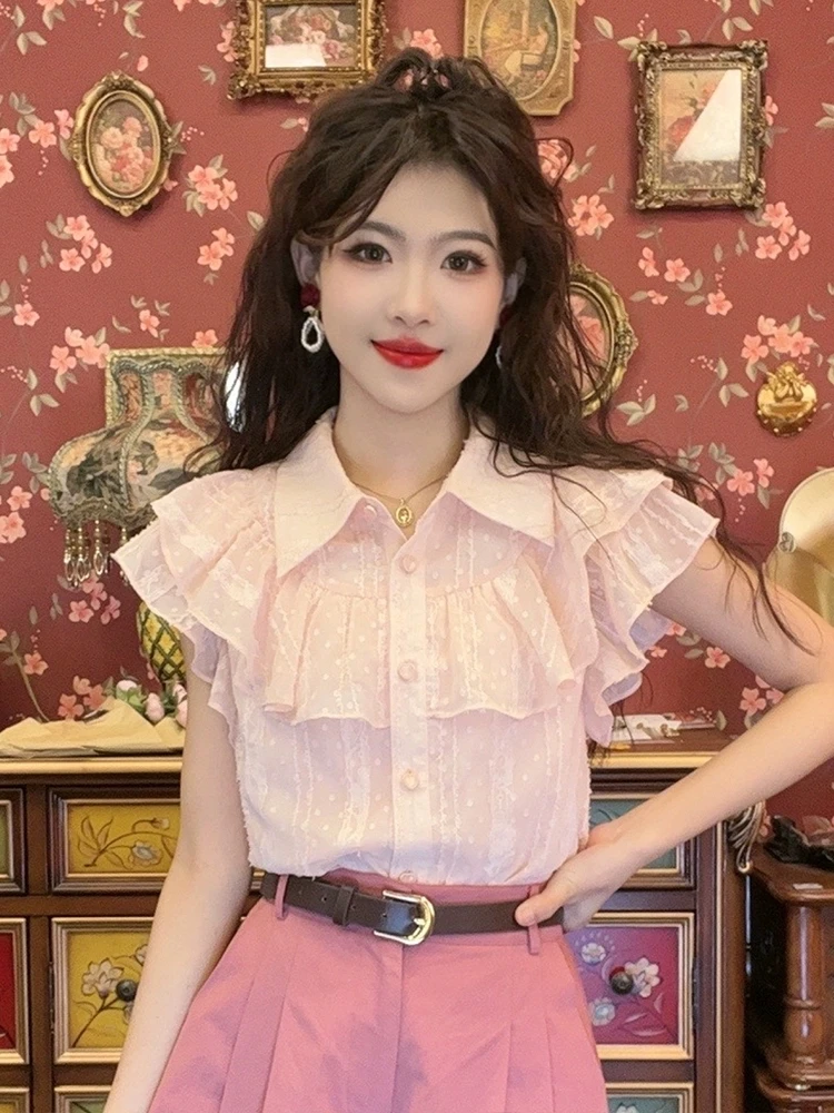 港风穿搭粉色衬衫女2025初夏新款夏季衬衣独特漂亮小衫小飞袖上衣