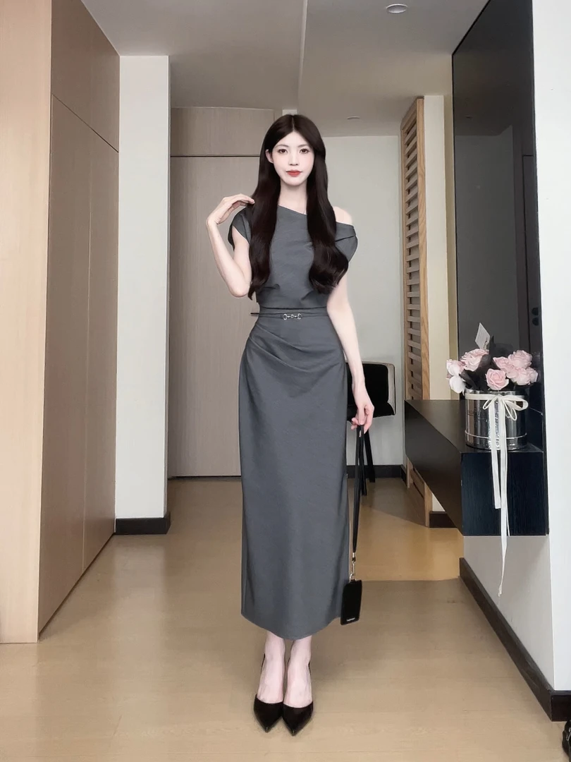 松本丧丧灰色斜肩裙裙尾开叉长裙气质显瘦A字连衣裙B252Q1206