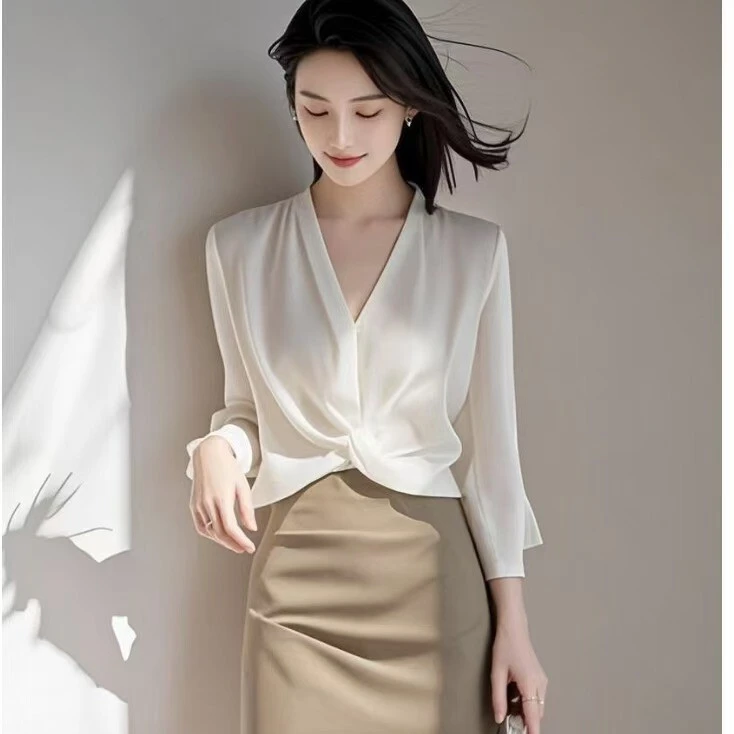 法式V领不规则上衣宽松独特气质设计感小众优雅洋气雪纺衫hs7263