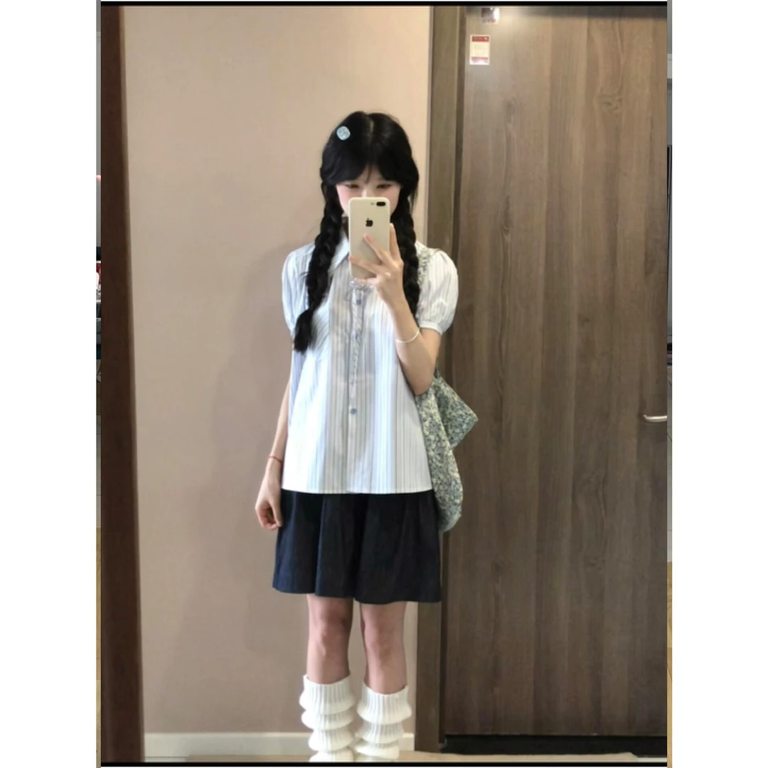 韩系学院风条纹蝴蝶结短袖衬衫上衣女夏季2025宽松半身裙两件套
