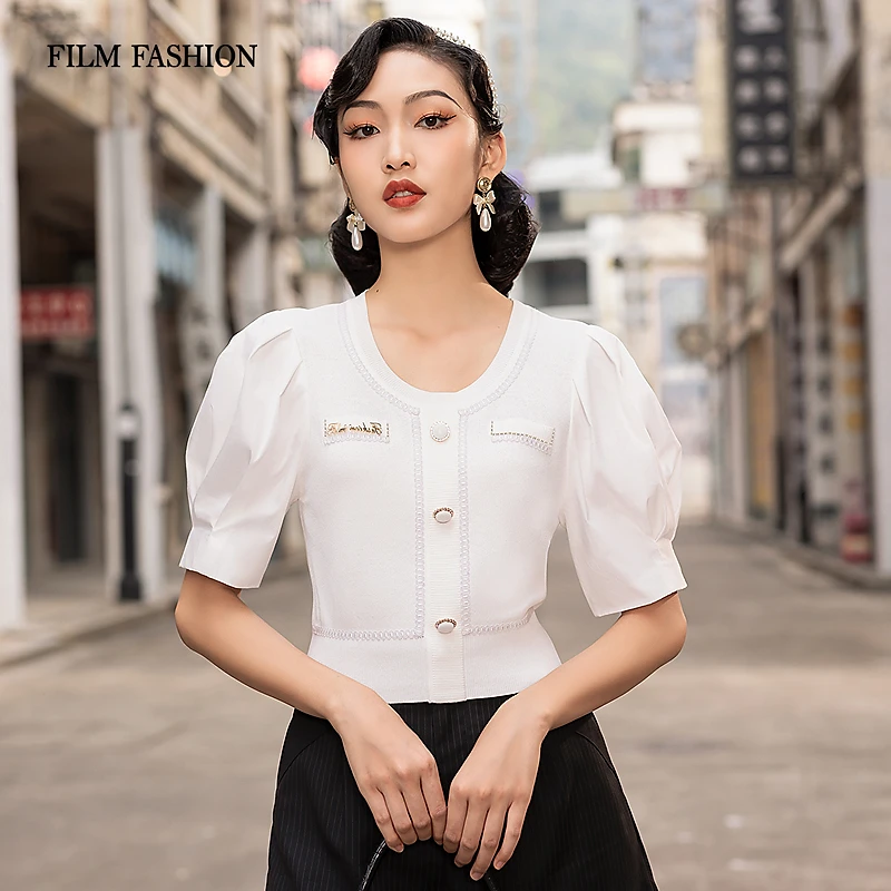 【高高甄选】一电影一时装小香风泡泡袖套头毛织衫女FEBM121500