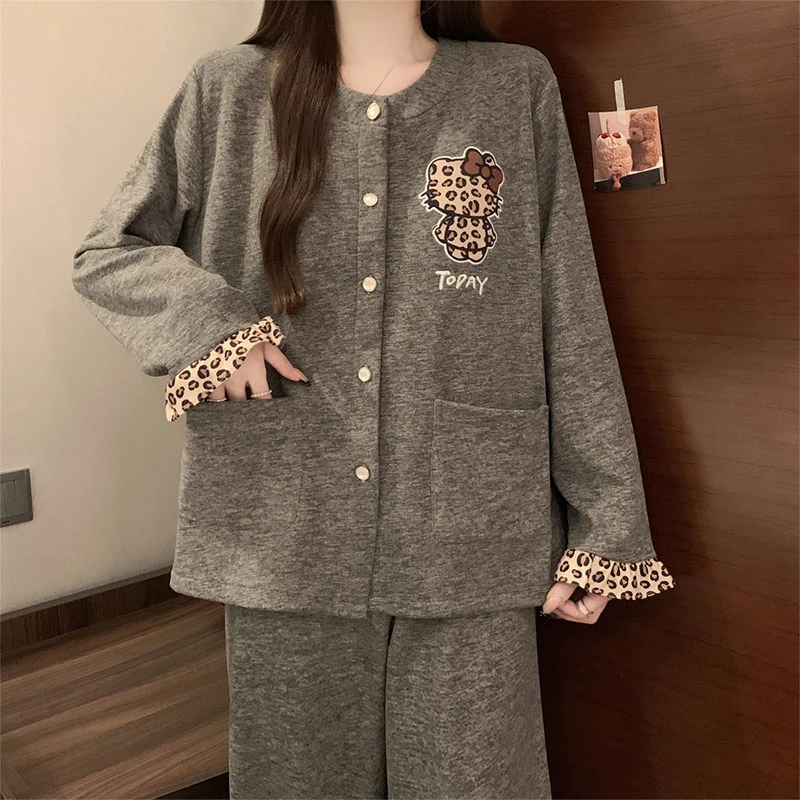 羊绒带胸垫睡衣女豹纹KT猫秋冬季2025新款长袖加厚保暖家居服套装