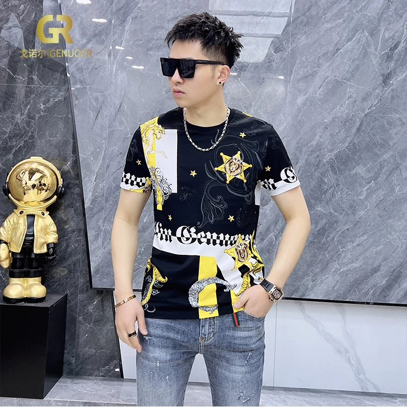 戈诺尔正品时尚花色短袖T恤夏季修身潮流印花圆领半袖体恤衫男士