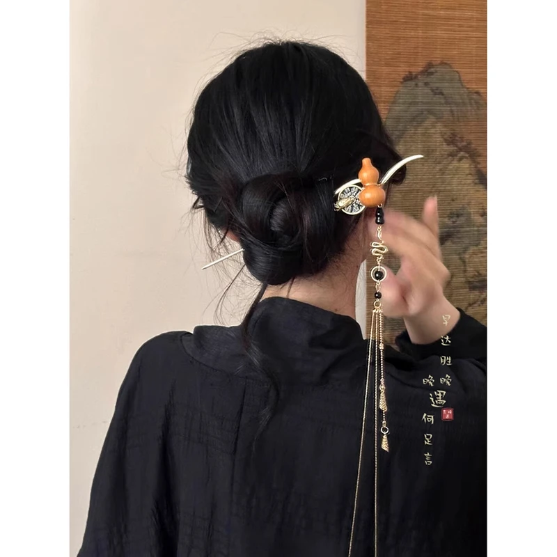 古风山鬼花钱葫芦流苏发簪女新中式国风盘发发钗日常通勤步摇发饰