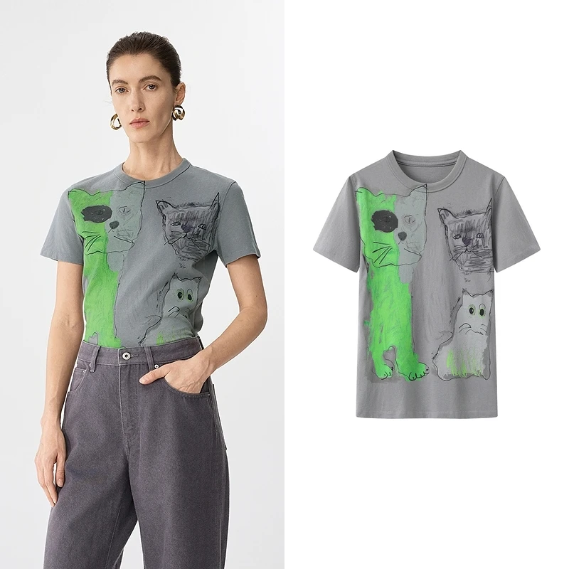 【JN】(千树专属）2025年春新品T恤女上衣修身猫咪印花图案款式Z5267