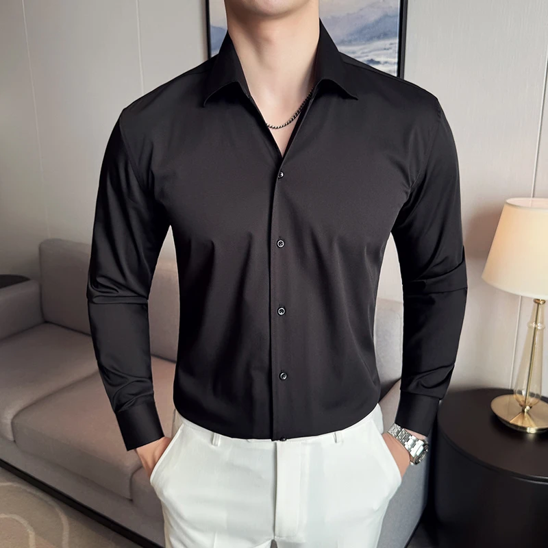 英伦网红个性V领衬衫男长袖潮流修身立领痞帅纯色衬衣休闲帅气