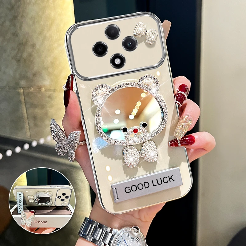 适用vivoy300pro领结熊补妆镜大视窗手机壳创意全包电镀防摔壳