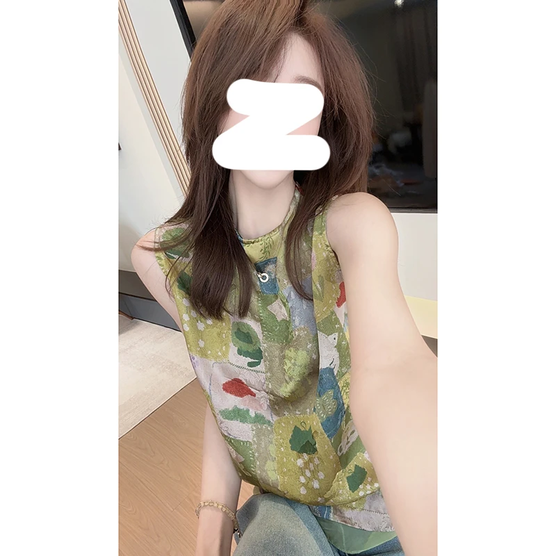 设计感新中式国风印花无袖T恤女夏季2025新款小个子通勤简约上衣