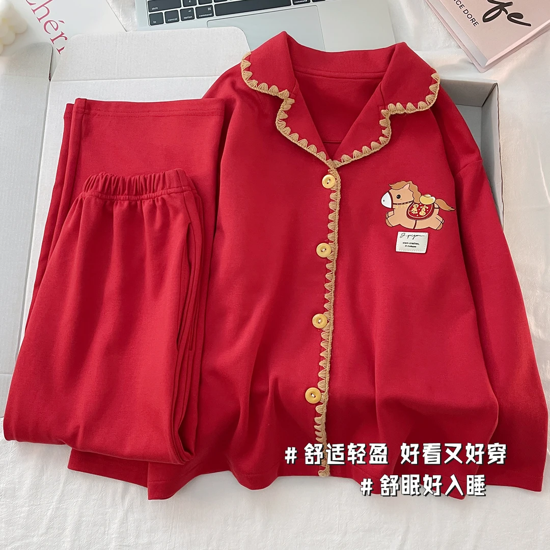 纯棉儿童睡衣女童春秋季长袖长裤套装小女孩马年新年大红色家居服