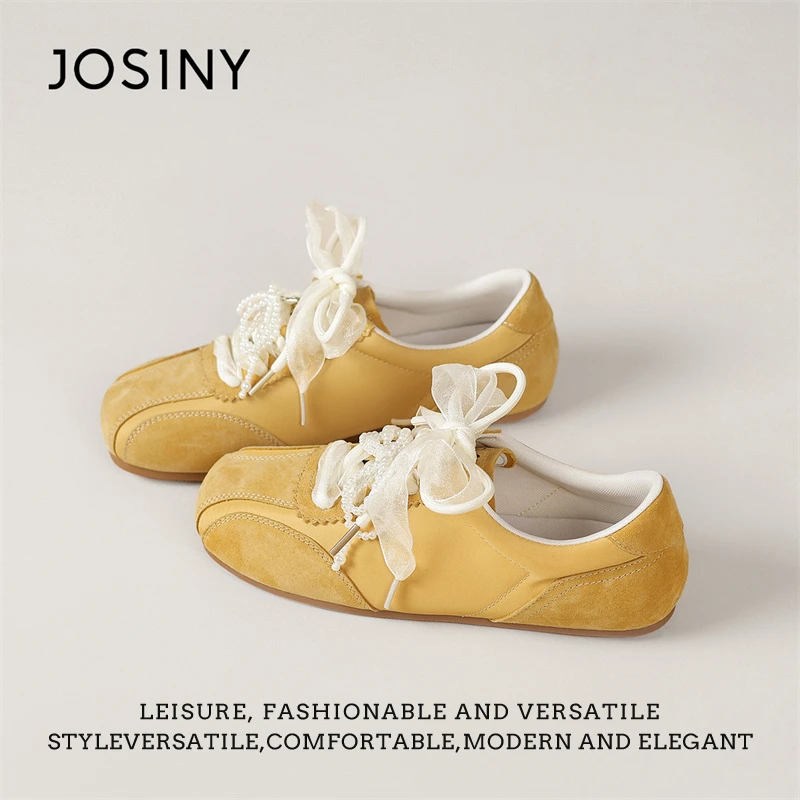 卓诗尼25新款珍珠配饰复古方头休闲跑步德训鞋女生平底板鞋运动鞋