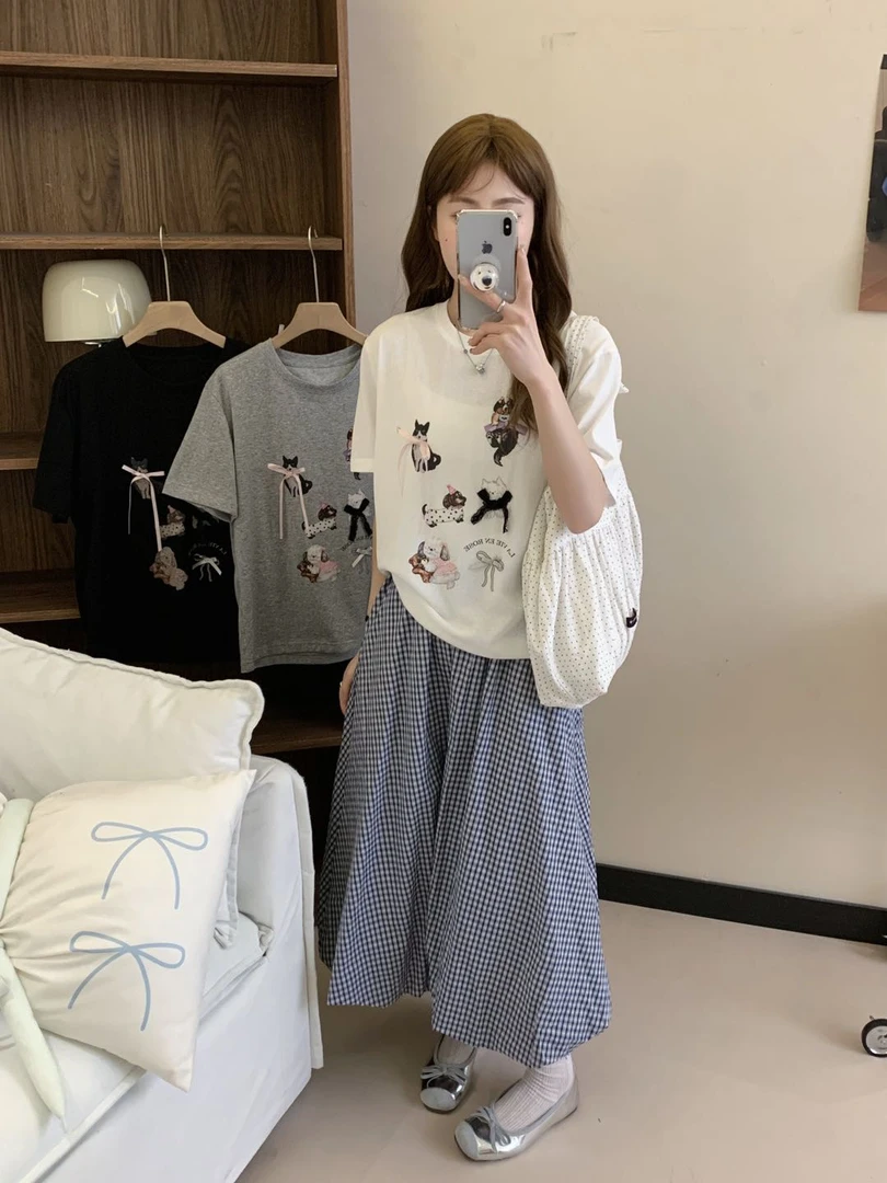 蝴蝶结卡通印花短袖T恤显瘦白色洋气758