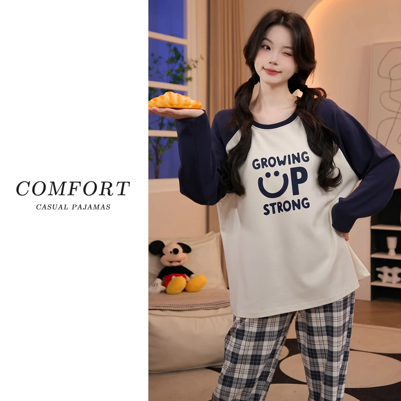 春季2025年睡衣女士长袖长裤带胸垫套装棉质休闲大码宽松家居服