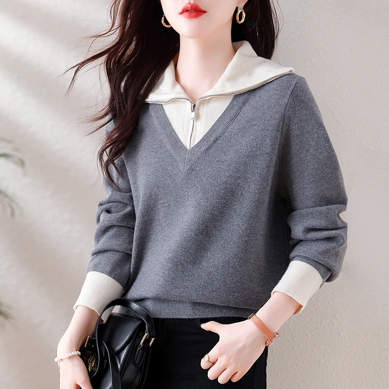 时尚假两件针织衫女2023年秋季新款拼色慵懒风Polo领毛衣