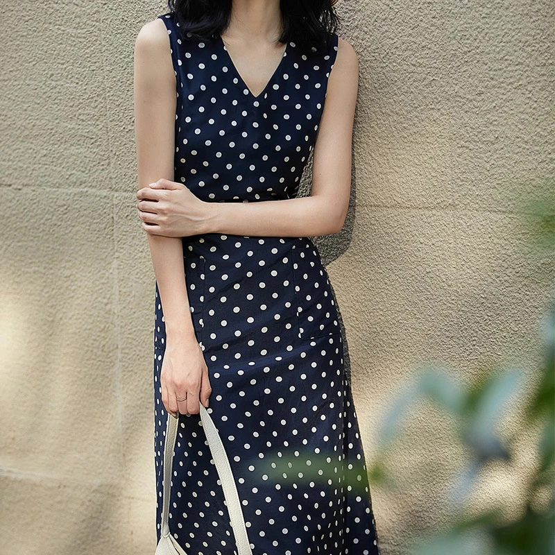 赫本风波点真丝棉背心裙子 桑蚕丝连衣裙领无袖吊带长裙夏季女装