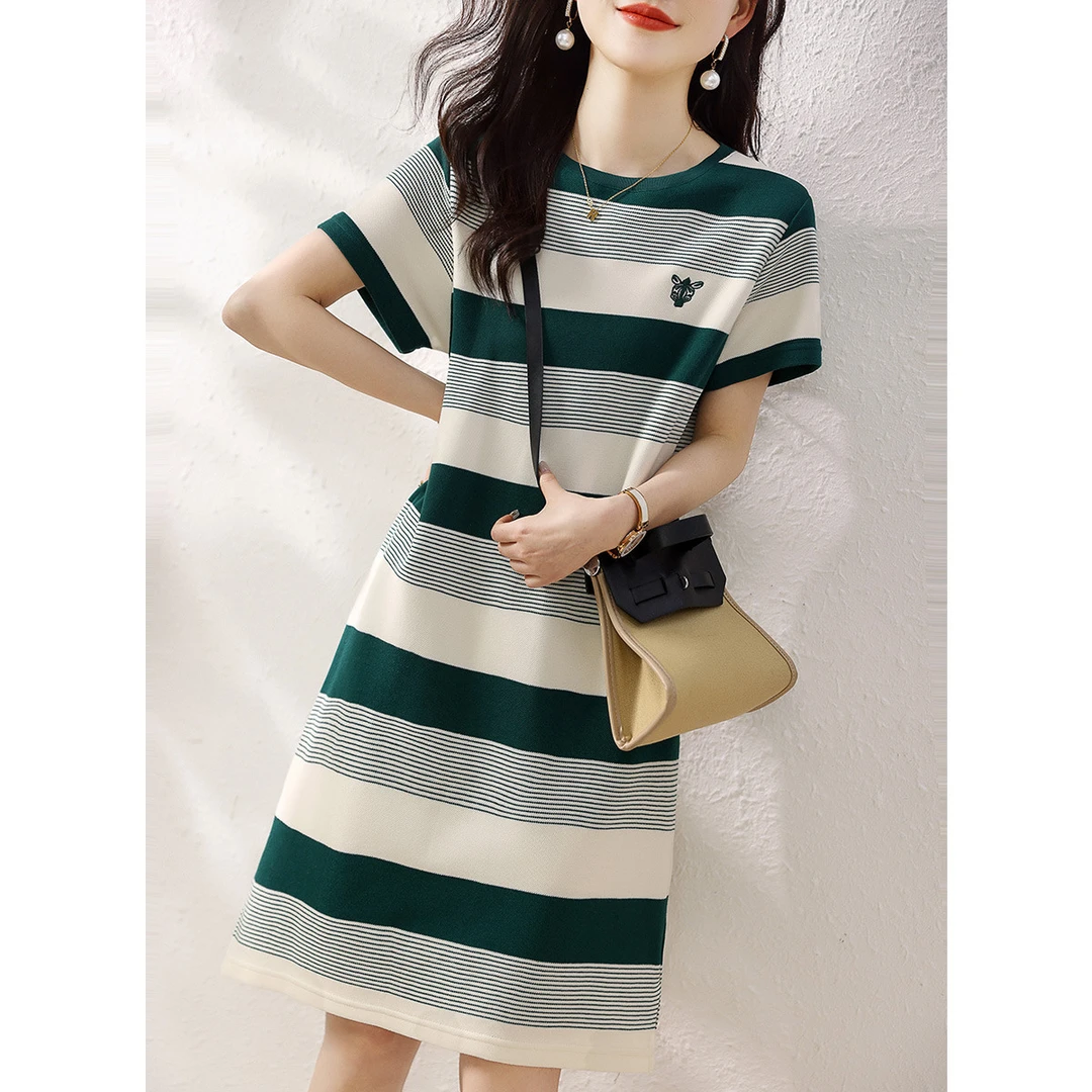 撞色条纹针织连衣裙女夏季2025新款短袖休闲简约显瘦A字裙小个子
