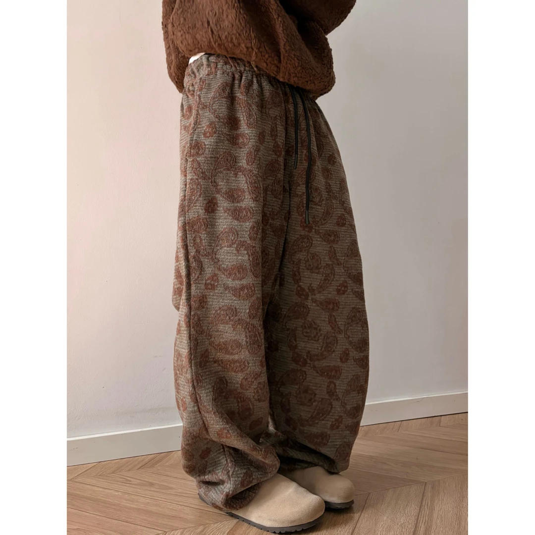 dannyandzee冬季百搭复古撞色腰果花焦糖琥珀色提花呢料休闲裤857