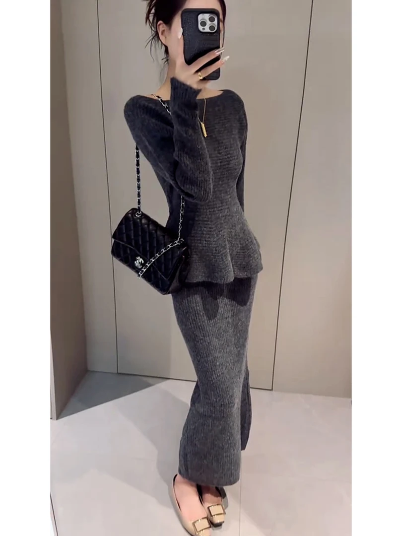 巨好看的穿搭一整套大方得体高级感时尚洋气减龄灰色针织衫套装裙