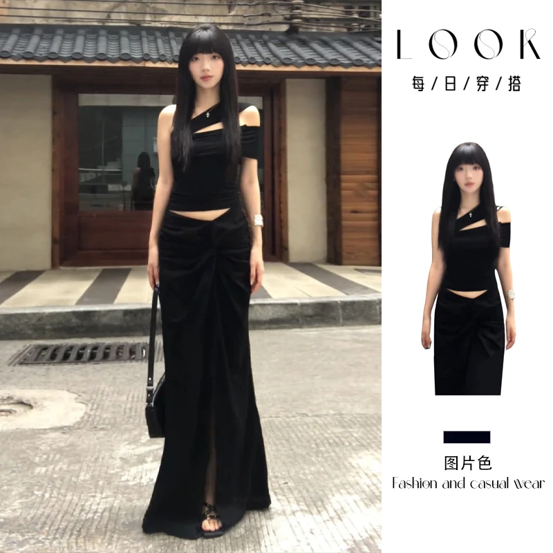 法式斜肩黑色连衣裙子女2025新款设计感纯欲收腰显瘦包臀套装长裙