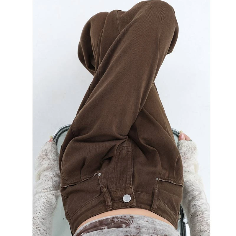 【4360】【低价清仓】美式阔腿牛仔裤复古胖mm高腰宽松咖色窄版直筒裤