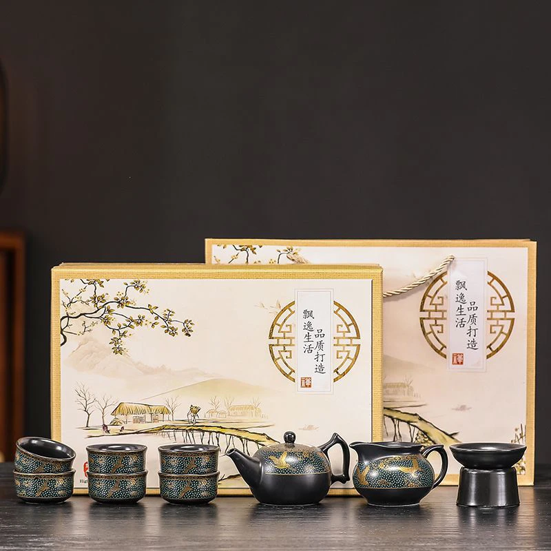 A 10(礼盒装)松鹤中式陶瓷茶具套装复古家用高档礼盒装