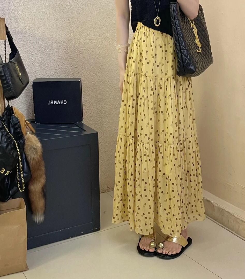 韩国东大门夏季新款波点褶皱半身裙显瘦百搭气质轻奢复古小众