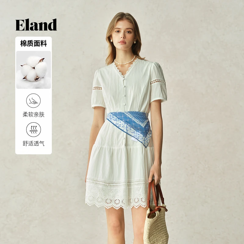 【奶泡裙】Eland衣恋V领收腰蕾丝拼接短袖通勤连衣裙女EEOWF66T76